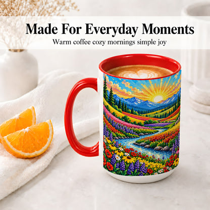 #pl[15oz|Red] Mountain Wildflower Ceramic Mug, Colorful Sunrise Nature Artwork