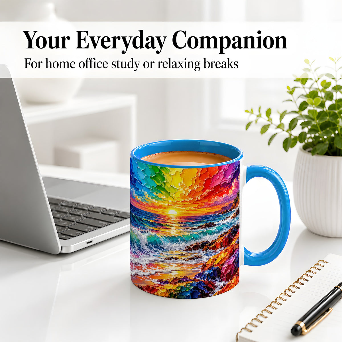 #pl[11oz|Blue] Rainbow Ocean Sunset Ceramic Mug, Vivid Coastal Seascape Artwork