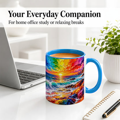 #pl[11oz|Blue] Rainbow Ocean Sunset Ceramic Mug, Vivid Coastal Seascape Artwork