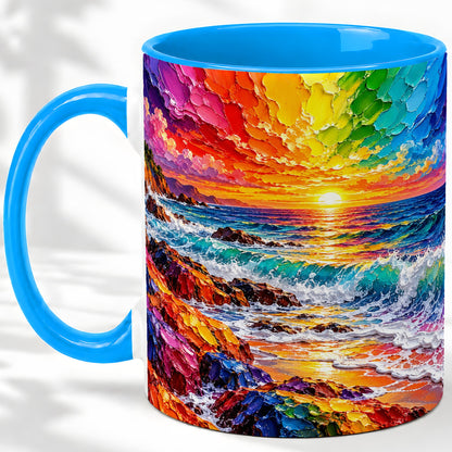 #pl[11oz|Blue] Rainbow Ocean Sunset Ceramic Mug, Vivid Coastal Seascape Artwork