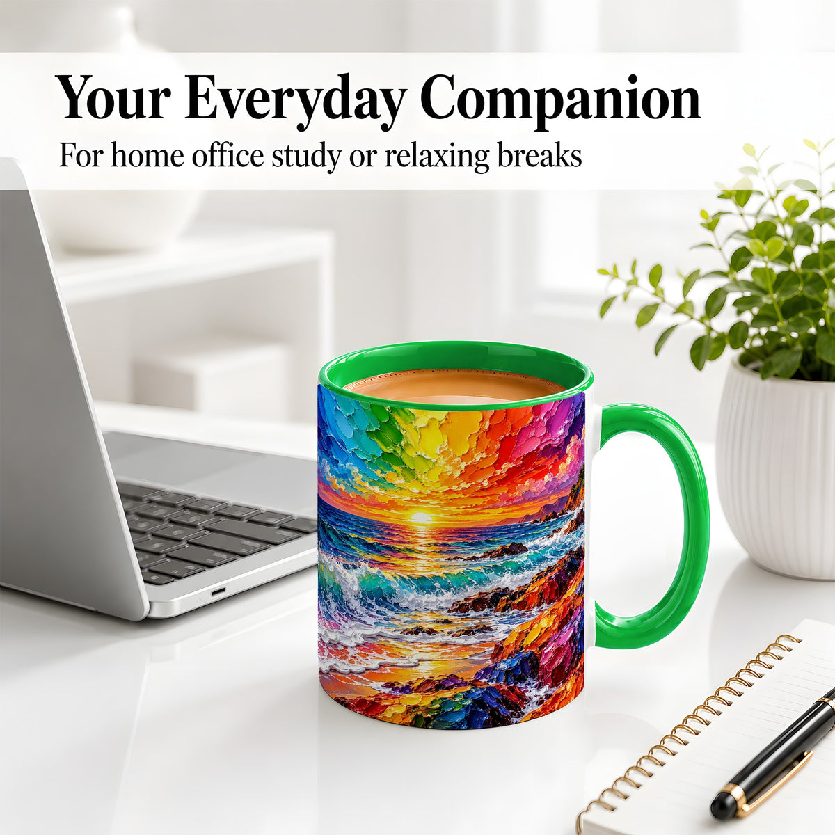 #pl[11oz|Green] Rainbow Ocean Sunset Ceramic Mug, Vivid Coastal Seascape Artwork
