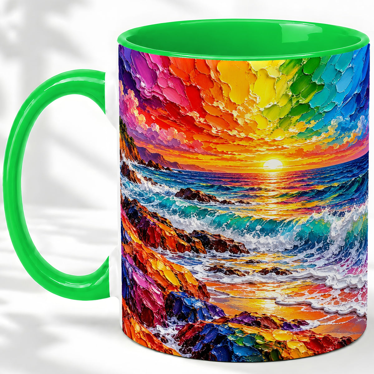 #pl[11oz|Green] Rainbow Ocean Sunset Ceramic Mug, Vivid Coastal Seascape Artwork