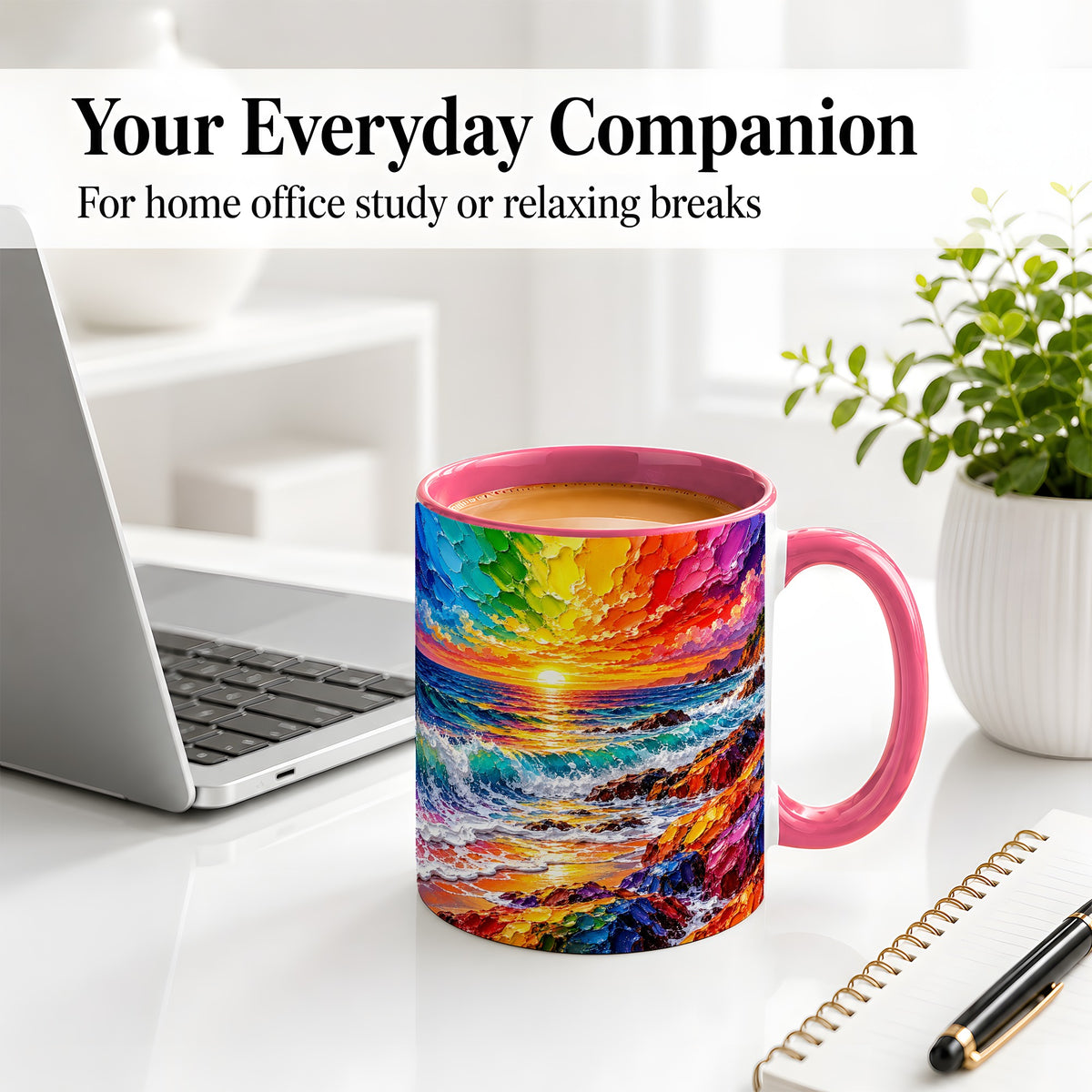 #pl[11oz|Pink] Rainbow Ocean Sunset Ceramic Mug, Vivid Coastal Seascape Artwork