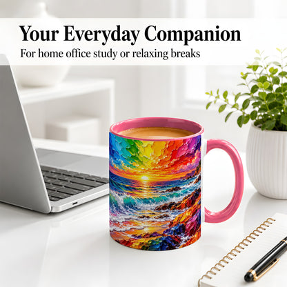 #pl[11oz|Pink] Rainbow Ocean Sunset Ceramic Mug, Vivid Coastal Seascape Artwork