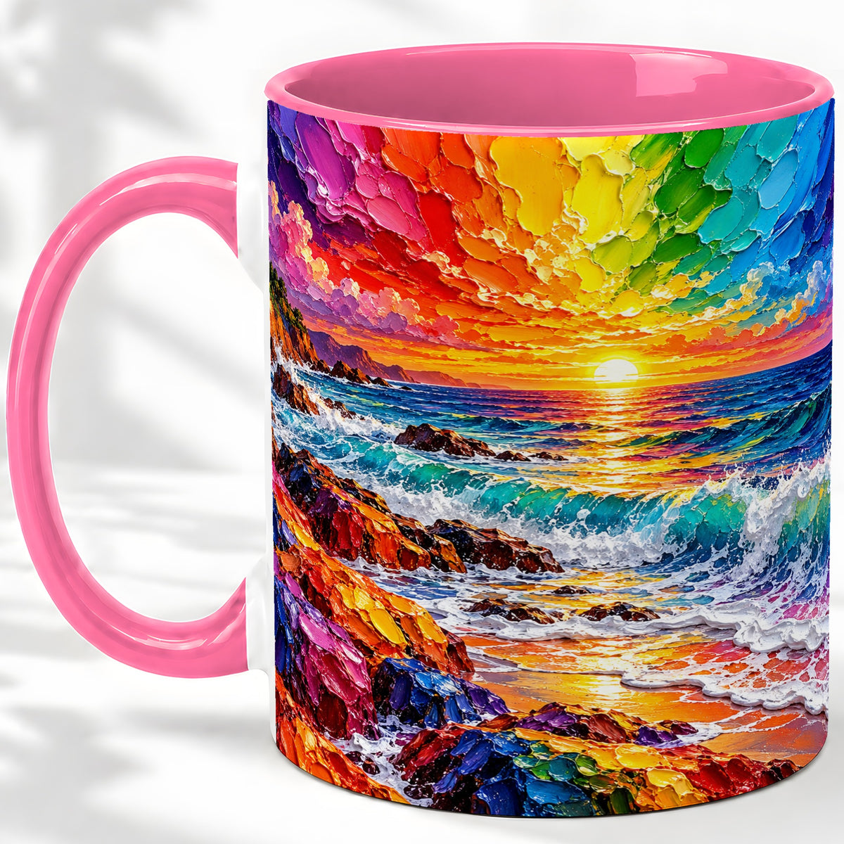 #pl[11oz|Pink] Rainbow Ocean Sunset Ceramic Mug, Vivid Coastal Seascape Artwork