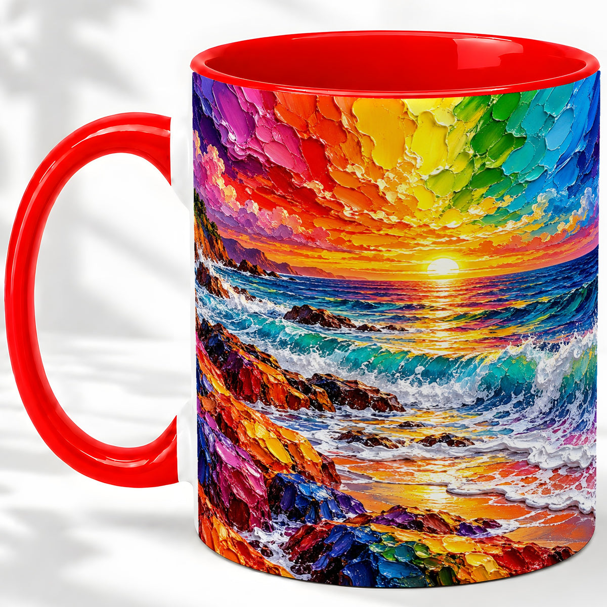 Rainbow Ocean Sunset Ceramic Mug, Vivid Coastal Seascape Artwork