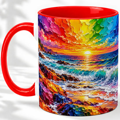 Rainbow Ocean Sunset Ceramic Mug, Vivid Coastal Seascape Artwork