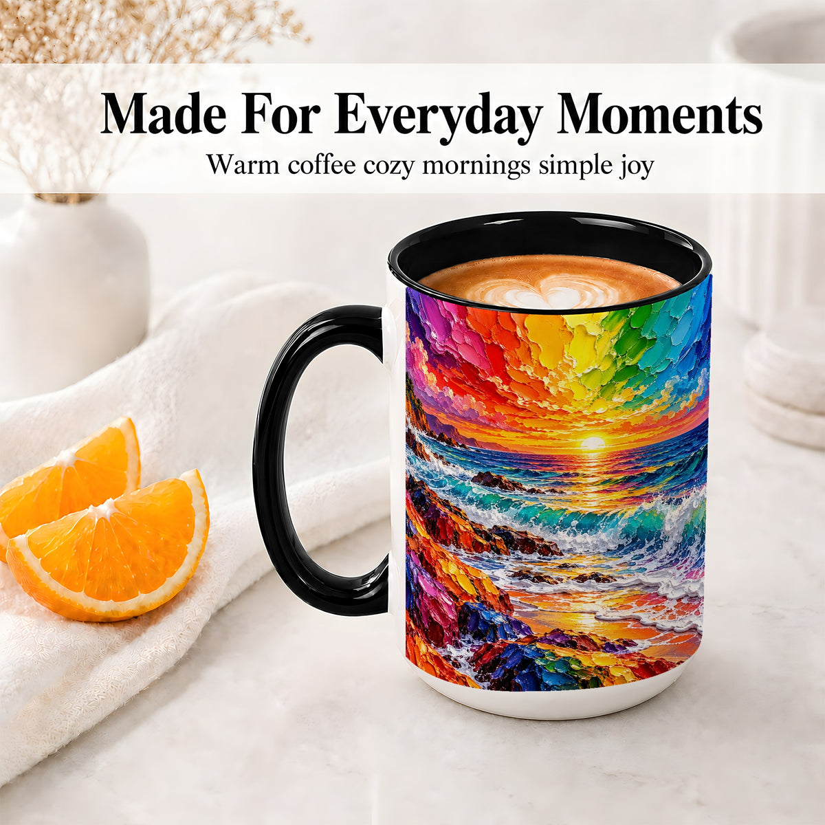 #pl[15oz|Black] Rainbow Ocean Sunset Ceramic Mug, Vivid Coastal Seascape Artwork
