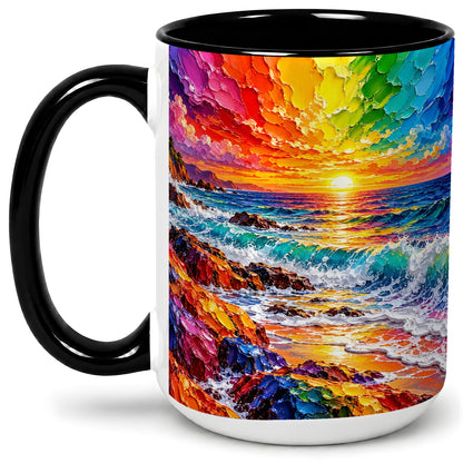 #pl[15oz|Black] Rainbow Ocean Sunset Ceramic Mug, Vivid Coastal Seascape Artwork