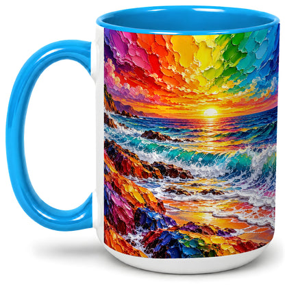#pl[15oz|Blue] Rainbow Ocean Sunset Ceramic Mug, Vivid Coastal Seascape Artwork