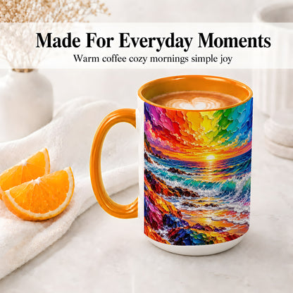 #pl[15oz|Orange] Rainbow Ocean Sunset Ceramic Mug, Vivid Coastal Seascape Artwork