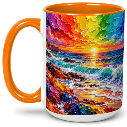 #pl[15oz|Orange] Rainbow Ocean Sunset Ceramic Mug, Vivid Coastal Seascape Artwork