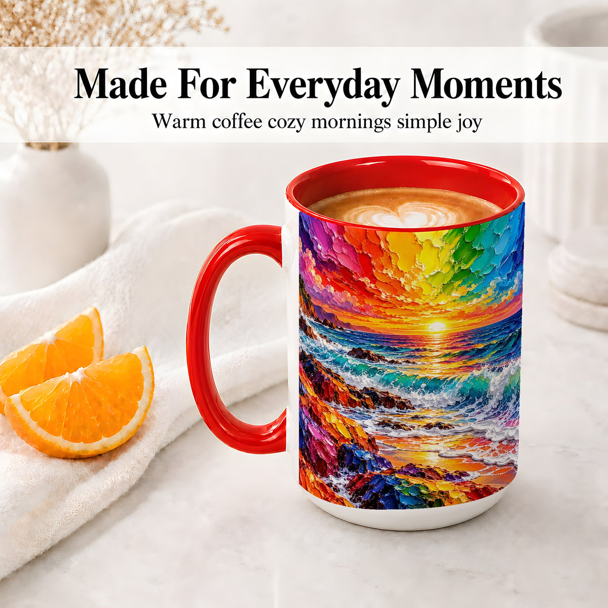 #pl[15oz|Red] Rainbow Ocean Sunset Ceramic Mug, Vivid Coastal Seascape Artwork