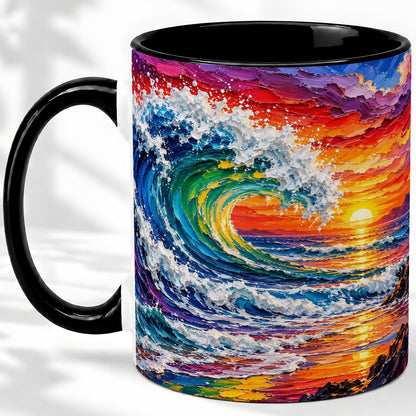 #pl[11oz|Black] Ocean Wave Sunset Ceramic Mug, Colorful Coastal Seascape Artwork