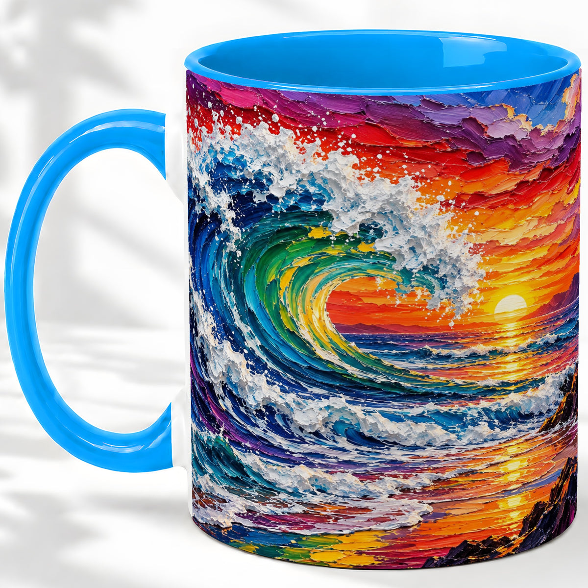 #pl[11oz|Blue] Ocean Wave Sunset Ceramic Mug, Colorful Coastal Seascape Artwork