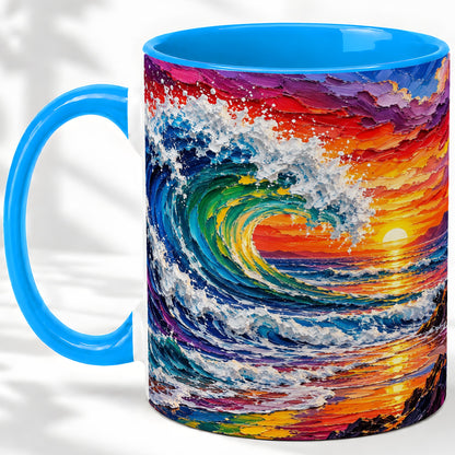 #pl[11oz|Blue] Ocean Wave Sunset Ceramic Mug, Colorful Coastal Seascape Artwork