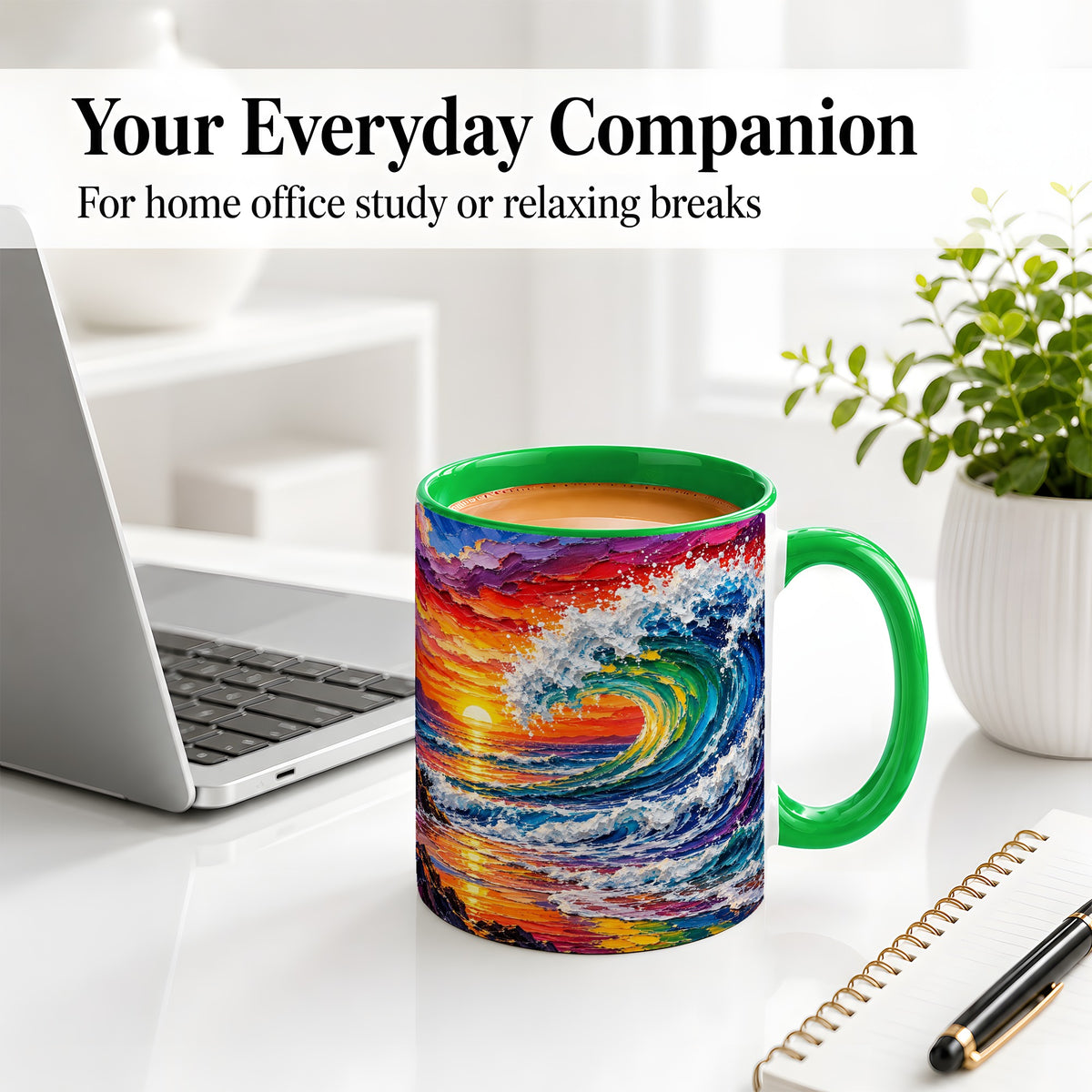 #pl[11oz|Green] Ocean Wave Sunset Ceramic Mug, Colorful Coastal Seascape Artwork