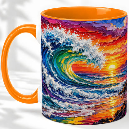 #pl[11oz|Orange] Ocean Wave Sunset Ceramic Mug, Colorful Coastal Seascape Artwork