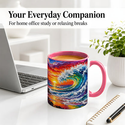 #pl[11oz|Pink] Ocean Wave Sunset Ceramic Mug, Colorful Coastal Seascape Artwork