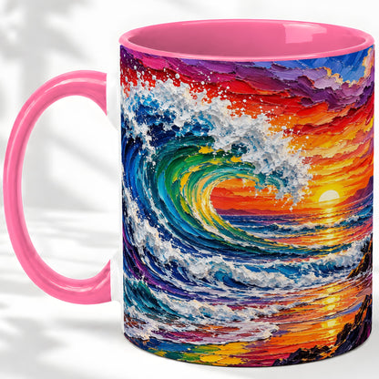 #pl[11oz|Pink] Ocean Wave Sunset Ceramic Mug, Colorful Coastal Seascape Artwork