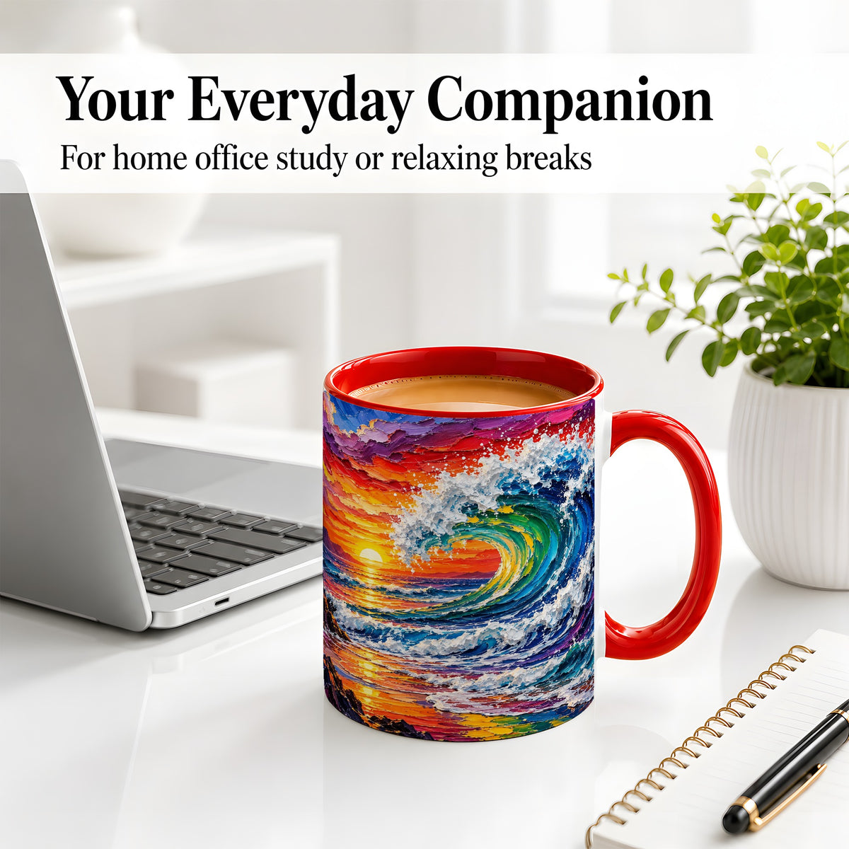 #pl[11oz|Red] Ocean Wave Sunset Ceramic Mug, Colorful Coastal Seascape Artwork