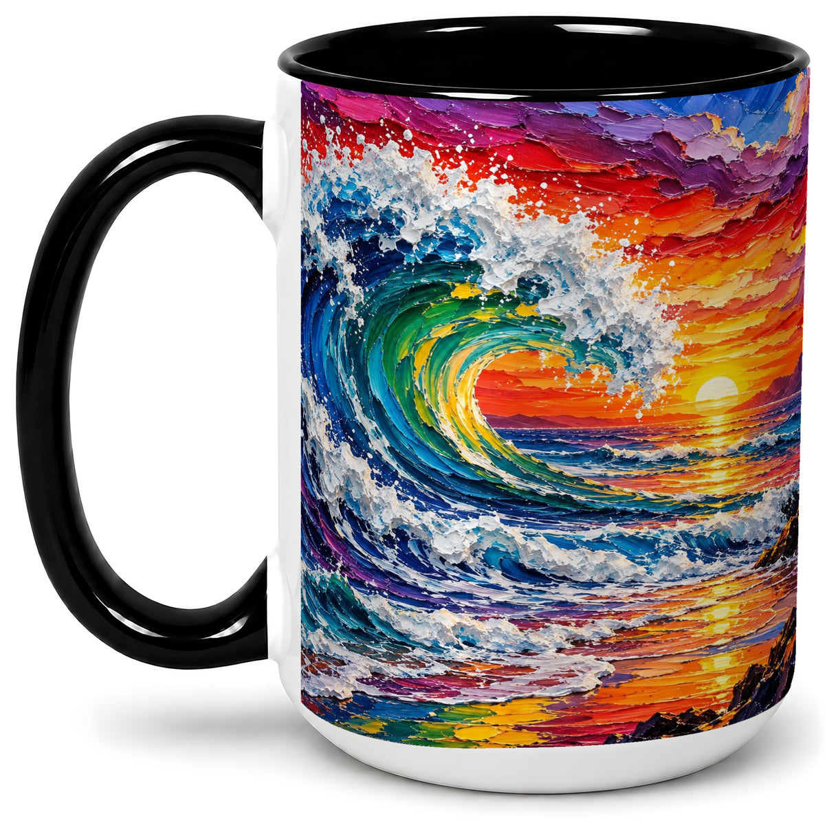 #pl[15oz|Black] Ocean Wave Sunset Ceramic Mug, Colorful Coastal Seascape Artwork