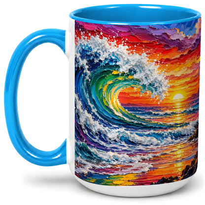 #pl[15oz|Blue] Ocean Wave Sunset Ceramic Mug, Colorful Coastal Seascape Artwork