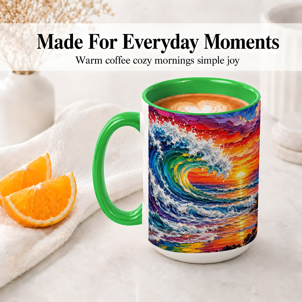 #pl[15oz|Green] Ocean Wave Sunset Ceramic Mug, Colorful Coastal Seascape Artwork