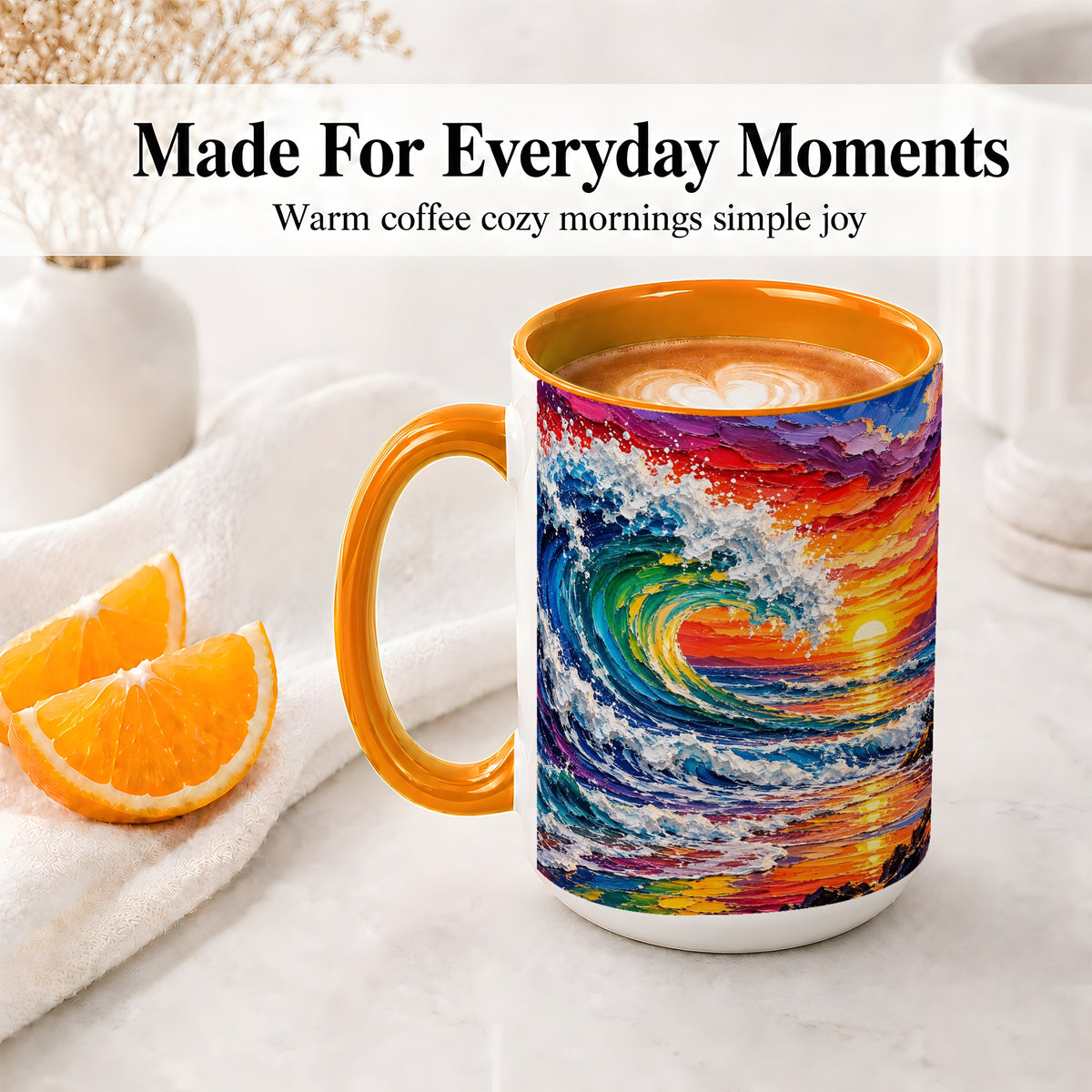 #pl[15oz|Orange] Ocean Wave Sunset Ceramic Mug, Colorful Coastal Seascape Artwork