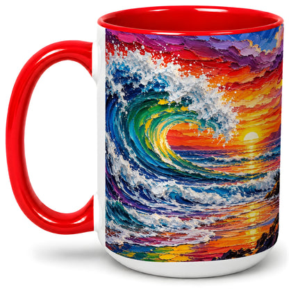 #pl[15oz|Red] Ocean Wave Sunset Ceramic Mug, Colorful Coastal Seascape Artwork