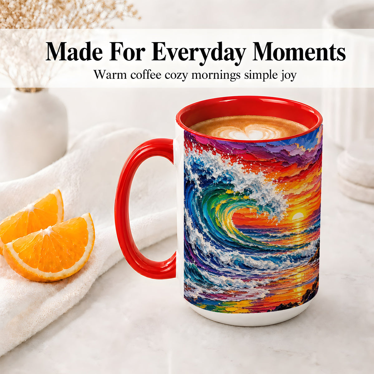 #pl[15oz|Red] Ocean Wave Sunset Ceramic Mug, Colorful Coastal Seascape Artwork