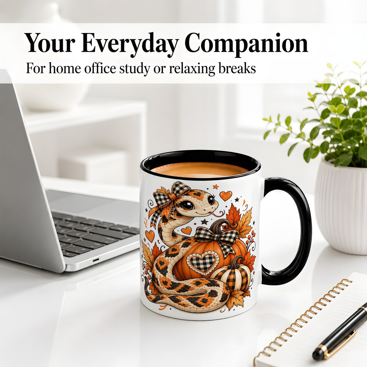 #pl[11oz|Black] Cute Fall Snake Ceramic Mug, Pumpkin Plaid Bow Autumn Artwork