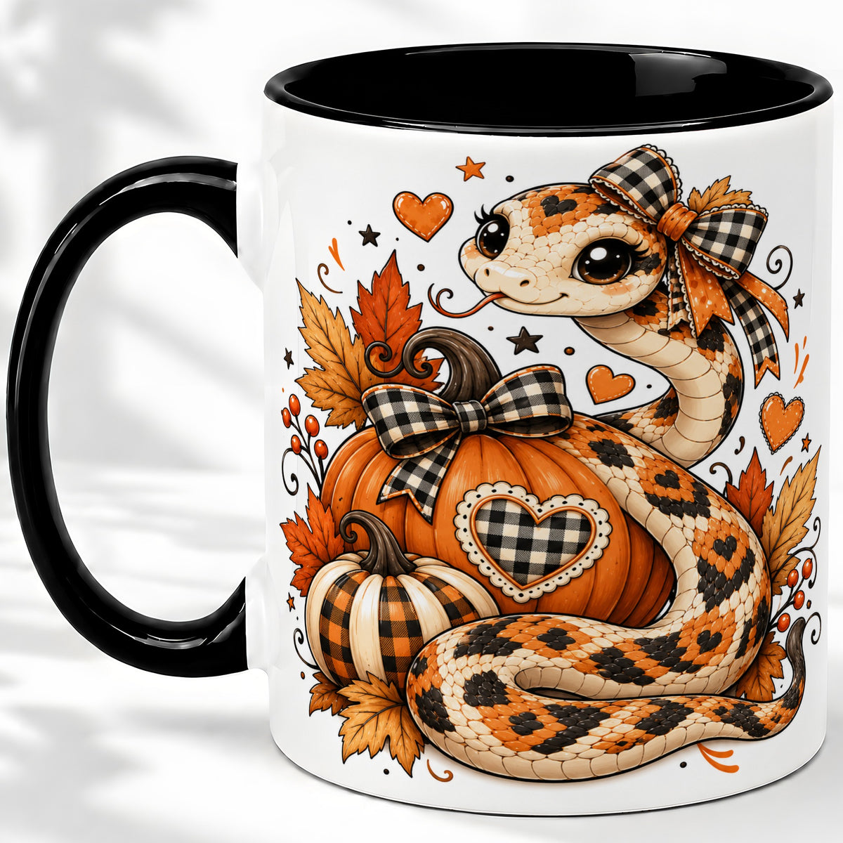 #pl[11oz|Black] Cute Fall Snake Ceramic Mug, Pumpkin Plaid Bow Autumn Artwork