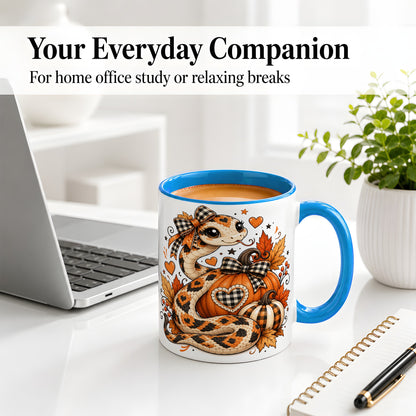 #pl[11oz|Blue] Cute Fall Snake Ceramic Mug, Pumpkin Plaid Bow Autumn Artwork