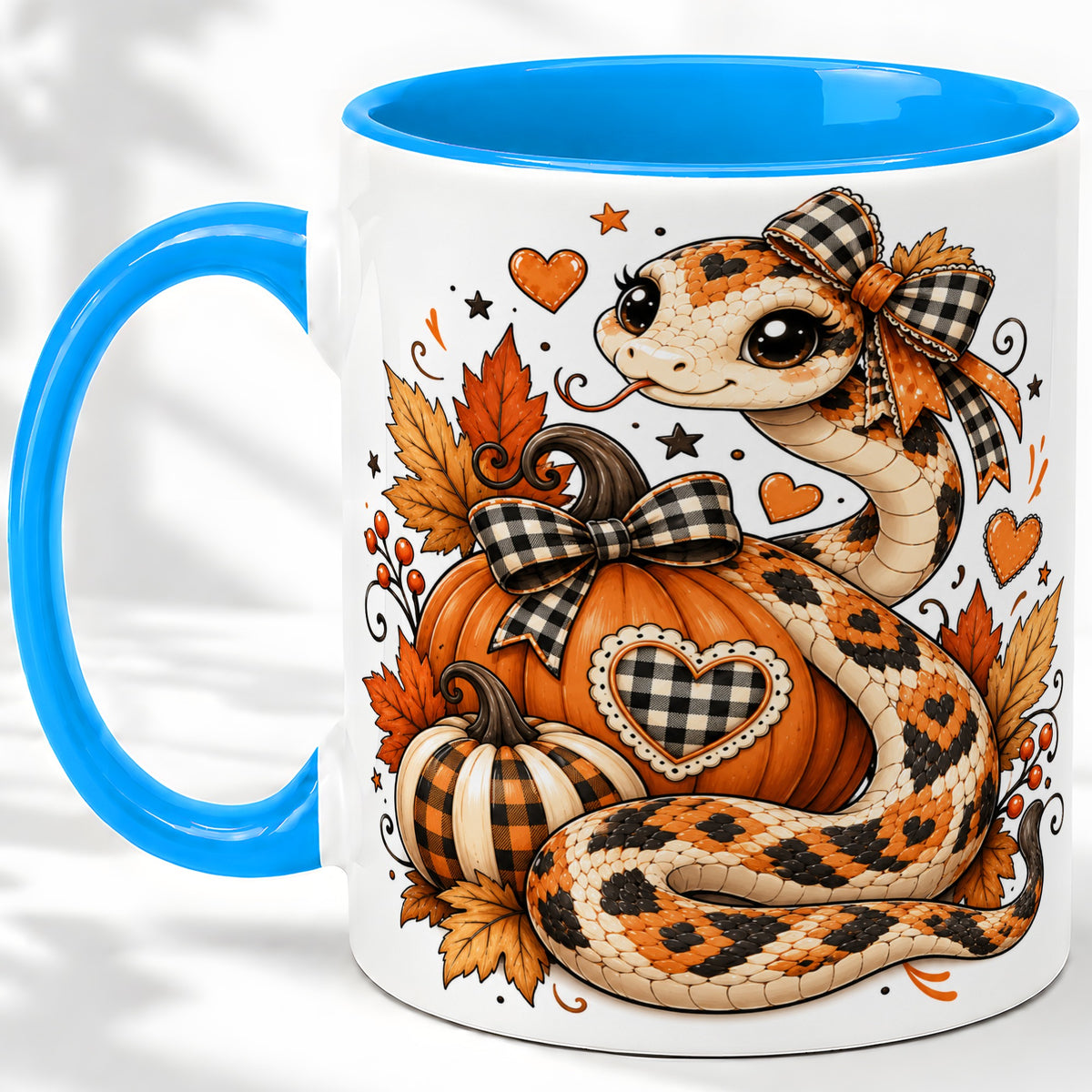 #pl[11oz|Blue] Cute Fall Snake Ceramic Mug, Pumpkin Plaid Bow Autumn Artwork