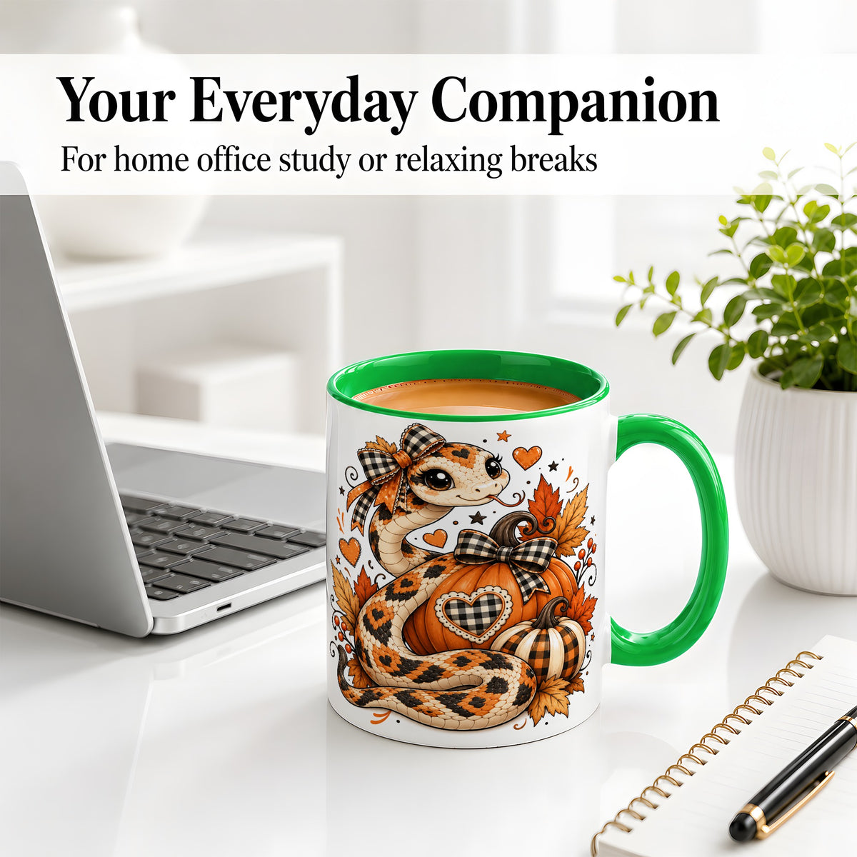 #pl[11oz|Green] Cute Fall Snake Ceramic Mug, Pumpkin Plaid Bow Autumn Artwork