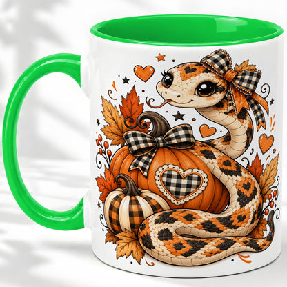 #pl[11oz|Green] Cute Fall Snake Ceramic Mug, Pumpkin Plaid Bow Autumn Artwork