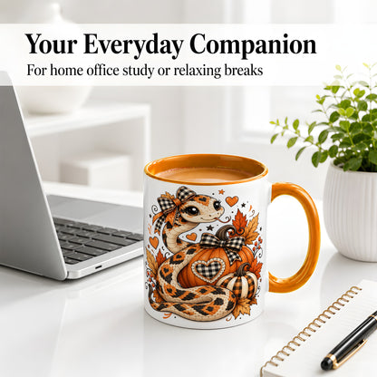 #pl[11oz|Orange] Cute Fall Snake Ceramic Mug, Pumpkin Plaid Bow Autumn Artwork