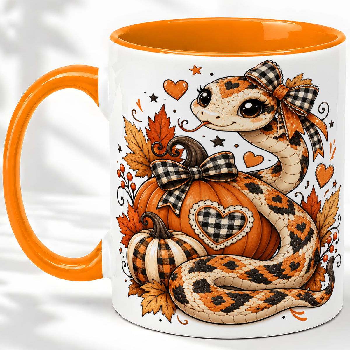 #pl[11oz|Orange] Cute Fall Snake Ceramic Mug, Pumpkin Plaid Bow Autumn Artwork