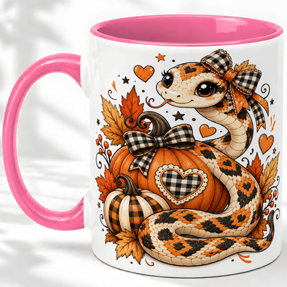 #pl[11oz|Pink] Cute Fall Snake Ceramic Mug, Pumpkin Plaid Bow Autumn Artwork