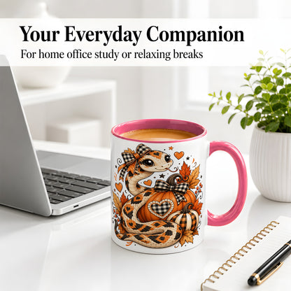 #pl[11oz|Pink] Cute Fall Snake Ceramic Mug, Pumpkin Plaid Bow Autumn Artwork