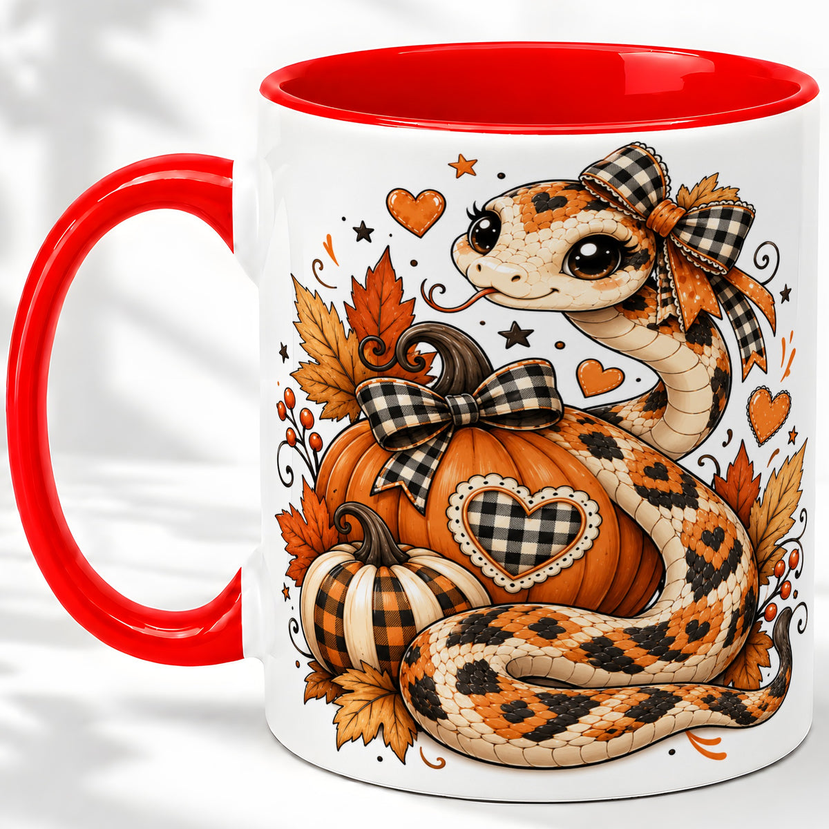 Cute Fall Snake Ceramic Mug, Pumpkin Plaid Bow Autumn Artwork