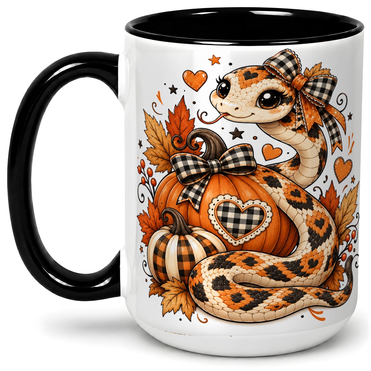 #pl[15oz|Black] Cute Fall Snake Ceramic Mug, Pumpkin Plaid Bow Autumn Artwork
