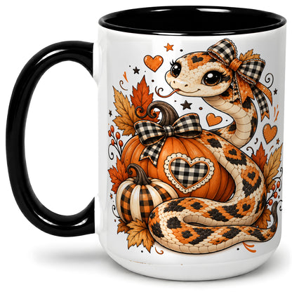 #pl[15oz|Black] Cute Fall Snake Ceramic Mug, Pumpkin Plaid Bow Autumn Artwork
