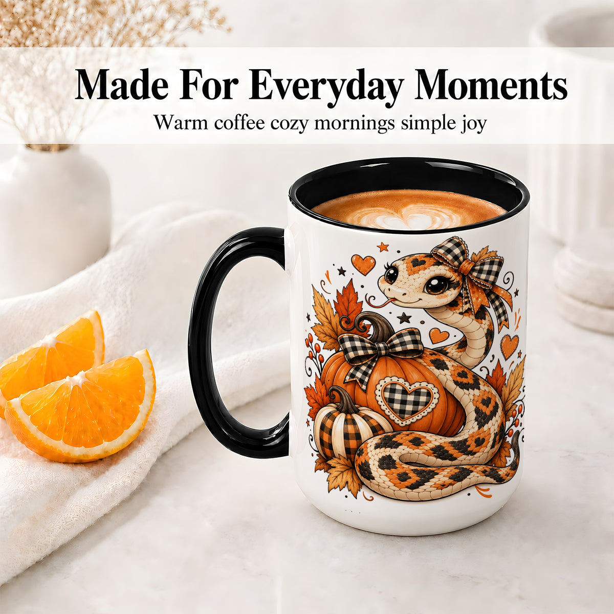 #pl[15oz|Black] Cute Fall Snake Ceramic Mug, Pumpkin Plaid Bow Autumn Artwork