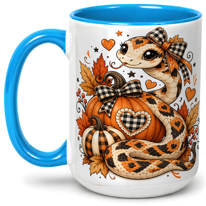 #pl[15oz|Blue] Cute Fall Snake Ceramic Mug, Pumpkin Plaid Bow Autumn Artwork