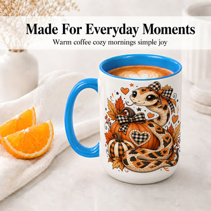 #pl[15oz|Blue] Cute Fall Snake Ceramic Mug, Pumpkin Plaid Bow Autumn Artwork