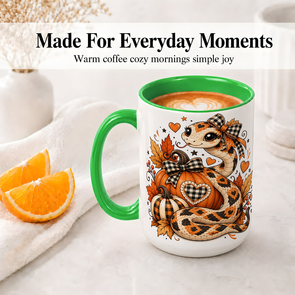 #pl[15oz|Green] Cute Fall Snake Ceramic Mug, Pumpkin Plaid Bow Autumn Artwork