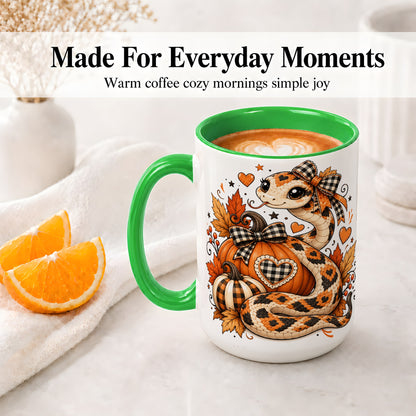 #pl[15oz|Green] Cute Fall Snake Ceramic Mug, Pumpkin Plaid Bow Autumn Artwork