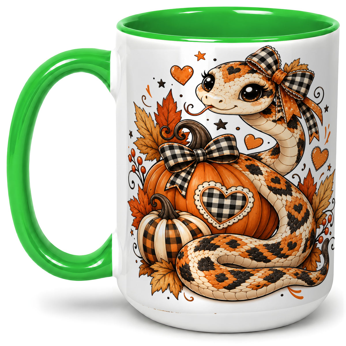 #pl[15oz|Green] Cute Fall Snake Ceramic Mug, Pumpkin Plaid Bow Autumn Artwork